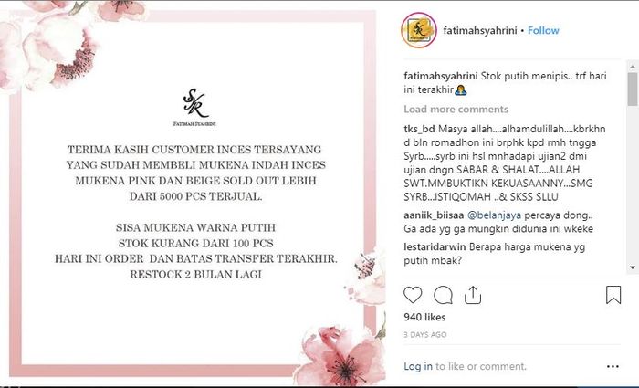 unggahan Instagram @fatimahsyahrini