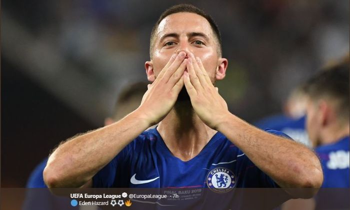 Bintang Chelsea, Eden Hazard, merayakan golnya dalam final Liga Europa kontra Arsenal, 29 Mei 2019 di Stadion Olimpiade Baku, Azerbaijan.