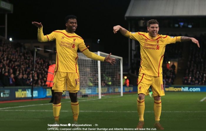 Alberto Moreno menirukan selebrasi Daniel Sturridge (kiri) usai menjebol gawang lawan.