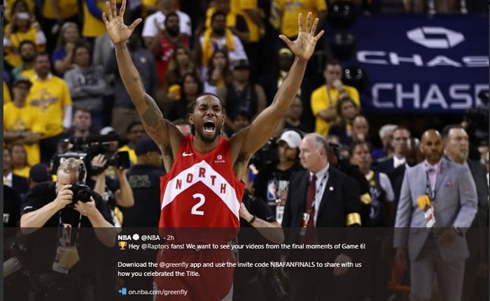 Ekspresi Kawhi Leonard setelah Toronto Raptors menjadi juara NBA 2019 seusai memenangkan laga keenam NBA Finals 2019, Jumat (14/6/2019) pagi WIB.