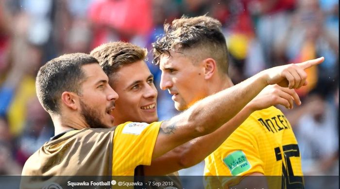 Para pemain timnas Belgia (dari kiri ke kanan), Eden Hazard, Thorgan Hazard, dan Thomas Meunier.