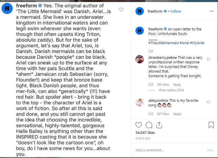 Postingan Freeform menanggapi Protes Soal Pemeran Ariel di Little Mermaid.