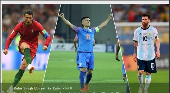 Dari kiri ke kanan, Cristiano Ronaldo, Sunil Chhetri, dan Lionel Messi.