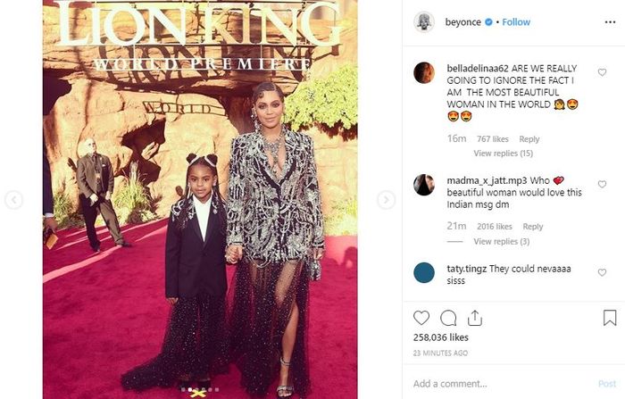 Penampilan Beyonce dan Blue Ivy saat menghadiri premier Lion King di Dolby Theatre Hollywood  