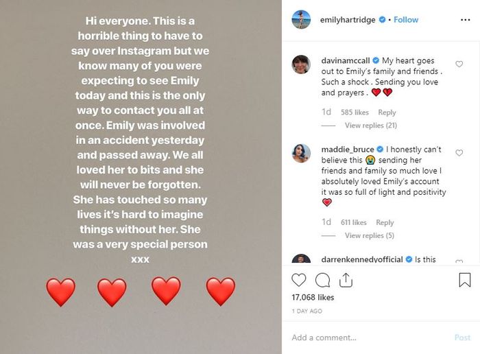 Unggahan yang menyatakan Emily Hartridge tewas dalam sebuah kecelakaan.