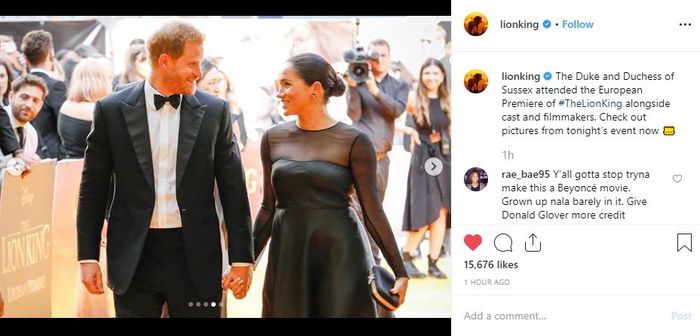 Meghan Markle dan Pangeran Harry menghadiri gala premier The Lion King di London.