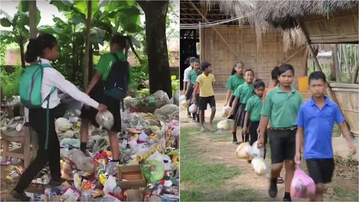 Ilustrasi siswa SD di India mengantri membayar sekolah dengan sampah