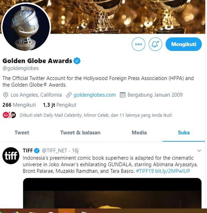 Akun resmi Twitter Golden Globes Awards menyukai postingan mengenai Gundala  