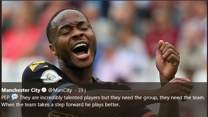 Penyerang Manchester City, Raheem Sterling, dalam laga kontra West Ham United pada Sabtu (10/8/2019).