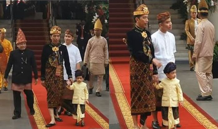 Presiden Jokowi ditemani putra sulungnya dan Jan Ethes menyapa wartawan