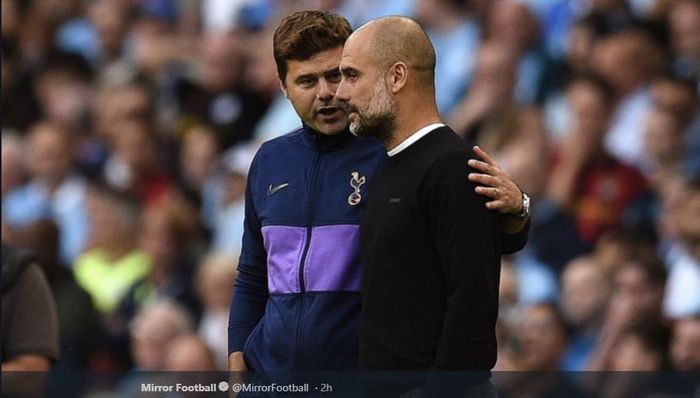 Pelatih Tottenham Hotspur, Mauricio Pochettino (kiri), bersama juru taktik Manchester City, Pep Guardiola (kanan).