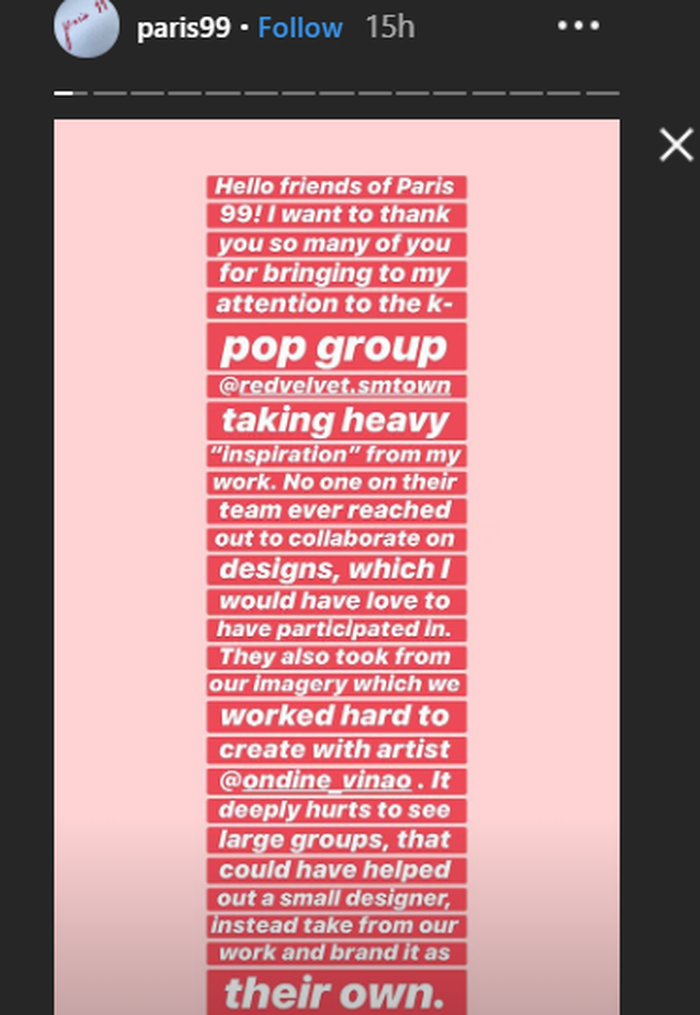 Protes dari akun Instagram @paris99 untuk Red Velvet. (Desainer tersebut melayangkan protes dengan menulisnya di story akun Instagram mereka).