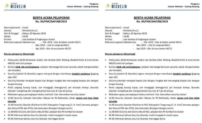 Berita acara kasus gigitan ular weling di satpam kompleks