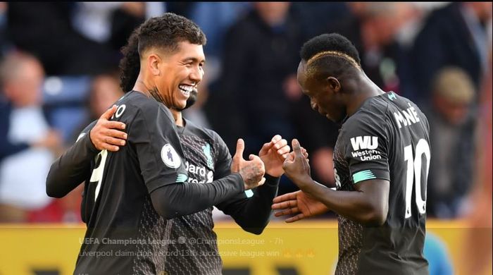 Robert Firmino, Sadio Mane, dan Mohamed Salah, merayakan gol saat Liverpool bertamu ke Burnley, 31 Agustus 2019.