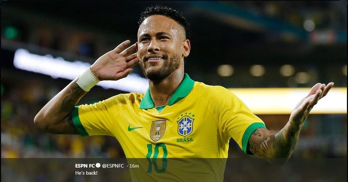 Neymar merayakan golnya untuk timnas Brasil.