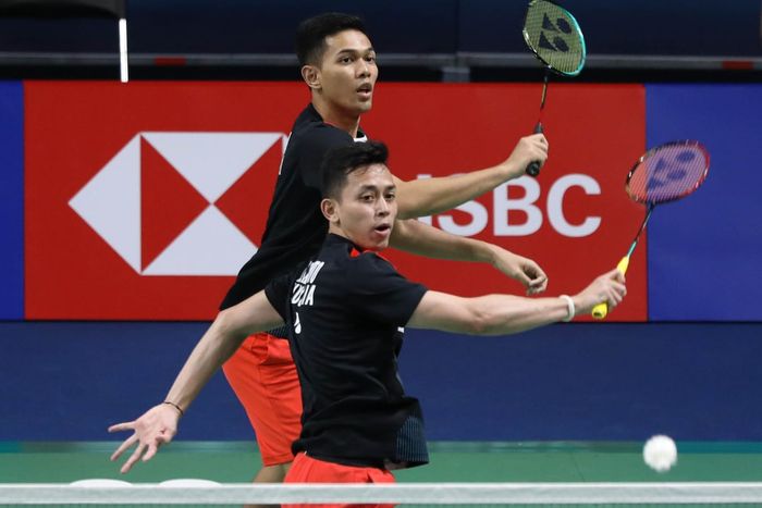 Pasangan ganda putra nasional Indonesia, Fajar Alfian/Muhammad Rian Ardianto, saat menjalani laga babak kedua Korea Open 2019 di Incheon, Korea Selatan, Kamis (26/9/2019).