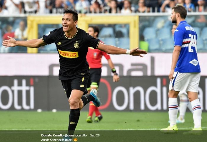 Alexis Sanchez merayakan gol debut yang dicetak ke gawang Sampdoria dalam laga yang dimenangkan Inter Milan 3-1 pada akhir pekan lalu di Stadion Luigi Feraris.