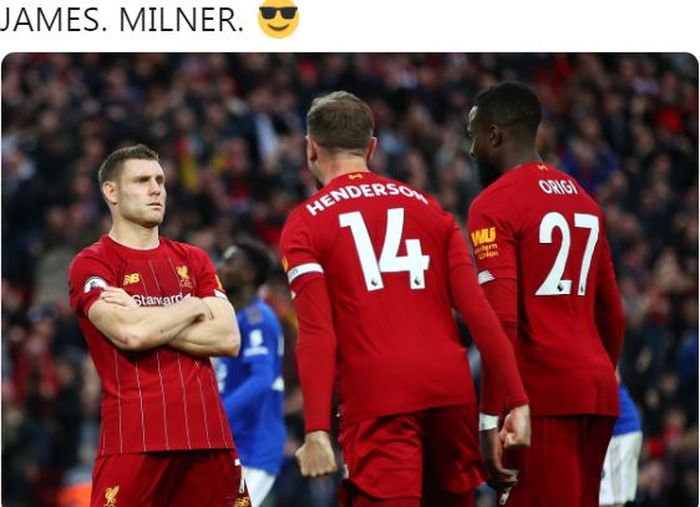 Pemain Liverpool, James Milner (kiri), merayakan gol yang dicetak ke gawang Leicester City dalam laga Liga Inggris di Stadion Anfield, Sabtu (5/10/2019).