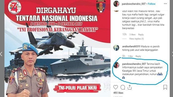 Balasan Hendro Pandowo di Instagram yang menyatakan akan mengusut laga Madura United vs Persib Bandung.