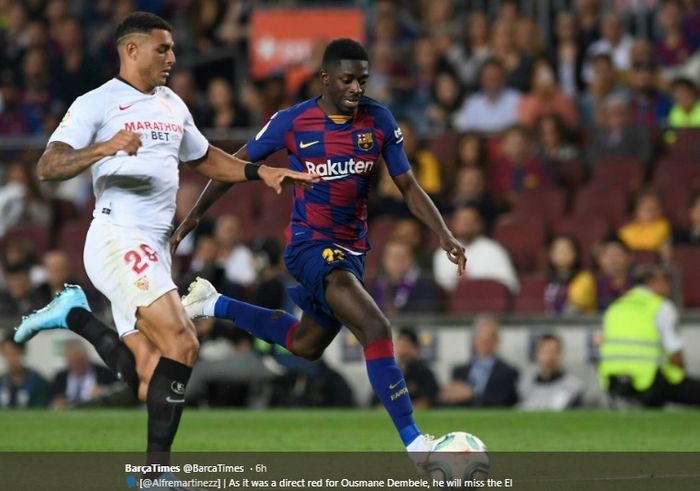 Winger Barcelona, Ousmane Dembele, dijatuhi hukuman kartu merah usai dianggap berbicara kasar kepada wasit pada laga Barcelona kontra Sevilla di Camp Nou, Minggu (6/10/2019).