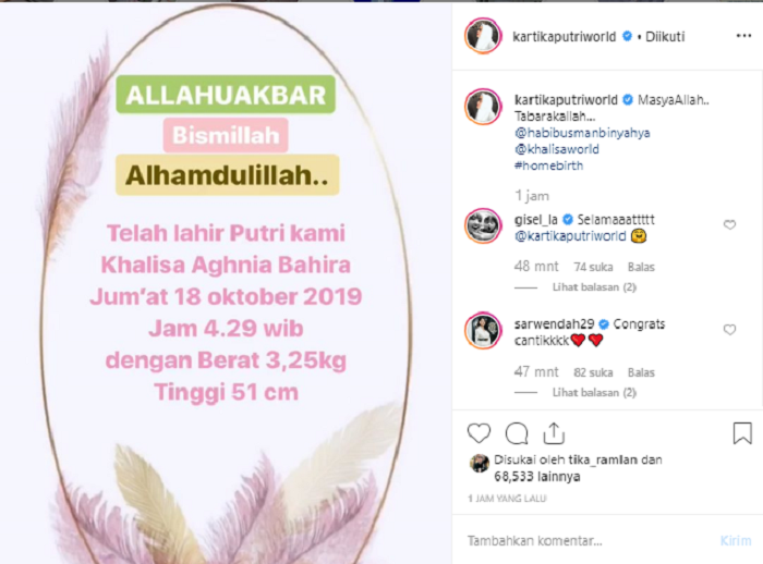 Pengumuman kelahiran putri pertama Kartika Putri.