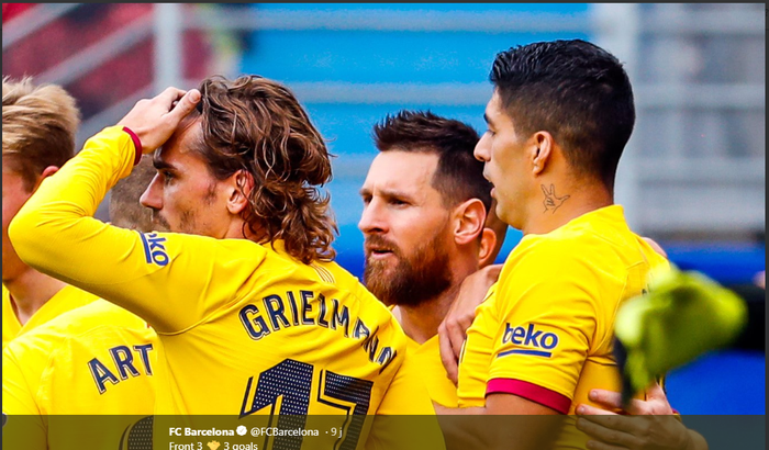 Trio MSG (Lionel Messi, Luis Suarez, Antoine Griezmann) untuk pertama kalinya mencetak gol bareng untuk Barcelona, Sabtu (19/10/2019).