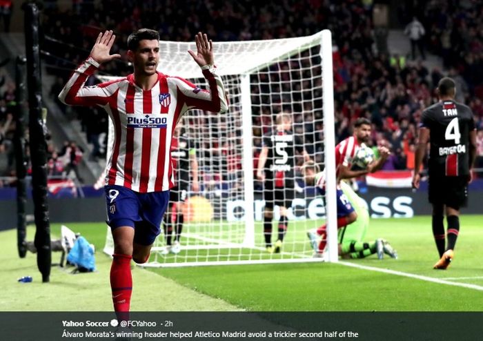 Striker Atletico Madrid, Alvaro Morata, melakukan selebrasi usai membobol gawang Bayer Leverkusen dalam matchday ketiga Grup D Liga Champions 2019-2020, Selasa (22/10/2019).