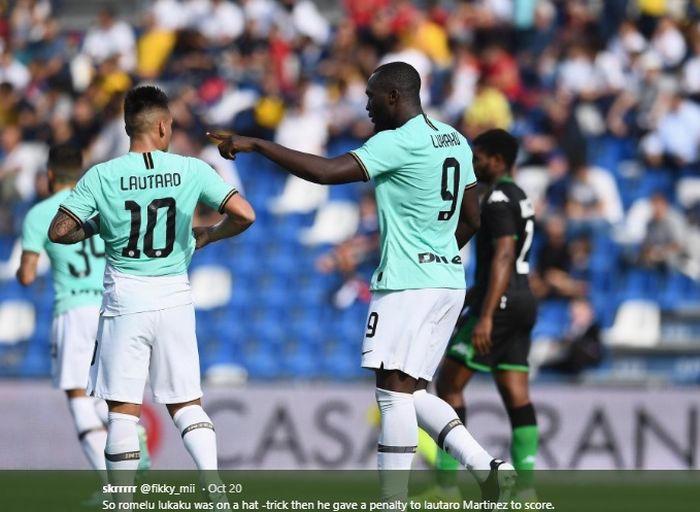 Dua penyerang andalan Inter Milan, Lautaro Martinez dan Romelu Lukaku, pada pertandingan pekan ke-8 melawan Sassuolo akhir pekan lalu di Liga Italia.