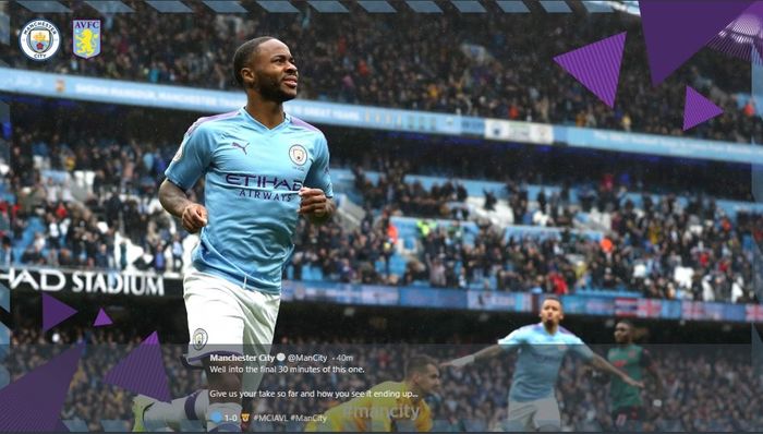 Pemain sayap Manchester City, Raheem Sterling, merayakan golnya ke gawang Aston Villa.