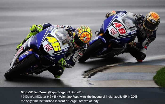 Momen saat Valentino Rossi menyalip Jorge Lorenzo di Indianapolis pada MotoGP 2008