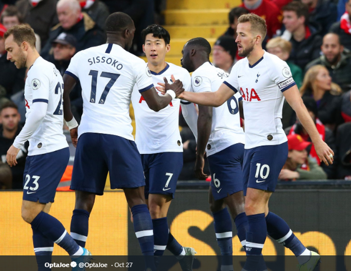 Harry Kane (Kanan) dan para pemain Tottenham Hotspur lainnya merayakan gol ke gawang Liverpool, Minggu (27/10/2019).