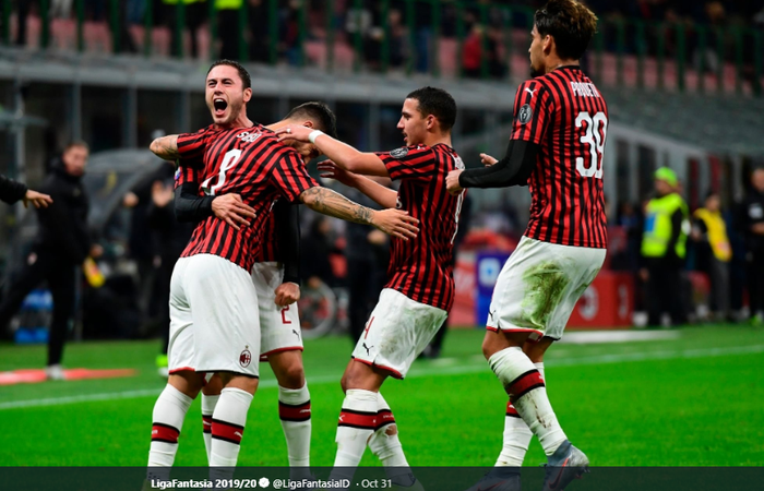 Pemain AC Milan sedang merayakan gol yang dicetak Suso ke gawang SPAL, Kamis (31/10/2019) 