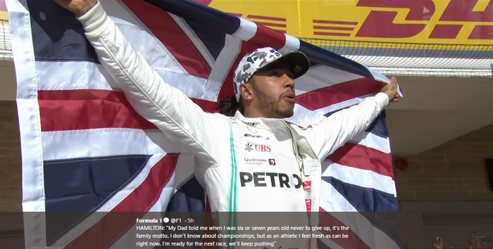 Ekspresi pembalap tim Mercedes, LEwis Hamilton, usai memastikan diri merengkuh gelar juara dunai F1 2019 di Circuit of the Americas, Austin, Minggu (3/11/2019)