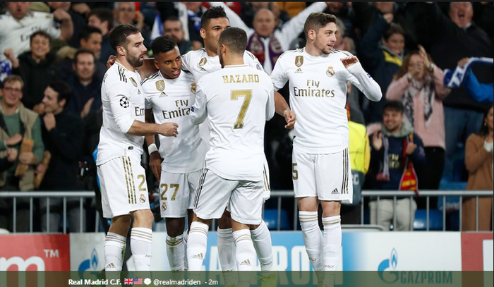 Pemain Real Madrid saat merayakan gol Rodrygo ke gawang Galatasaray di ajang Liga Champions, Kamis (7/11/2019) dini hari WIB