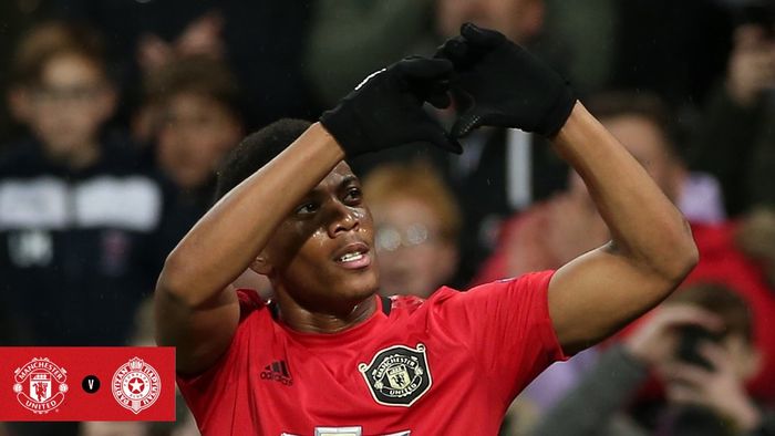 Selebrasi Anthony Martial usai menjebol gawang Partizan Belgrade di Stadion Old Trafford, Kamis (7/11/2019) atau Jumat dini hari WIB. 