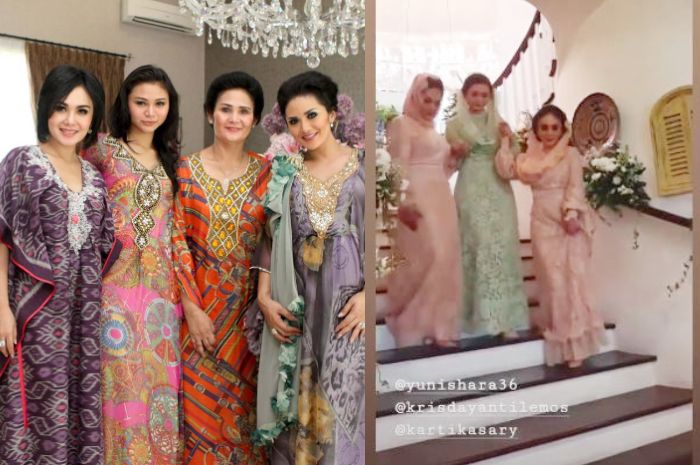 (Kiri) Yuni Shara, Kartika Sary, sang ibu dan Krisdyanati , (kanan) Prosesi acara pengajian jelang pernikahan Kartika Sary