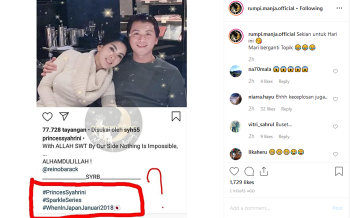 Tagar yang digunakan Syahrini dikomentari netizen sebagai bukti menikung Reino Barack