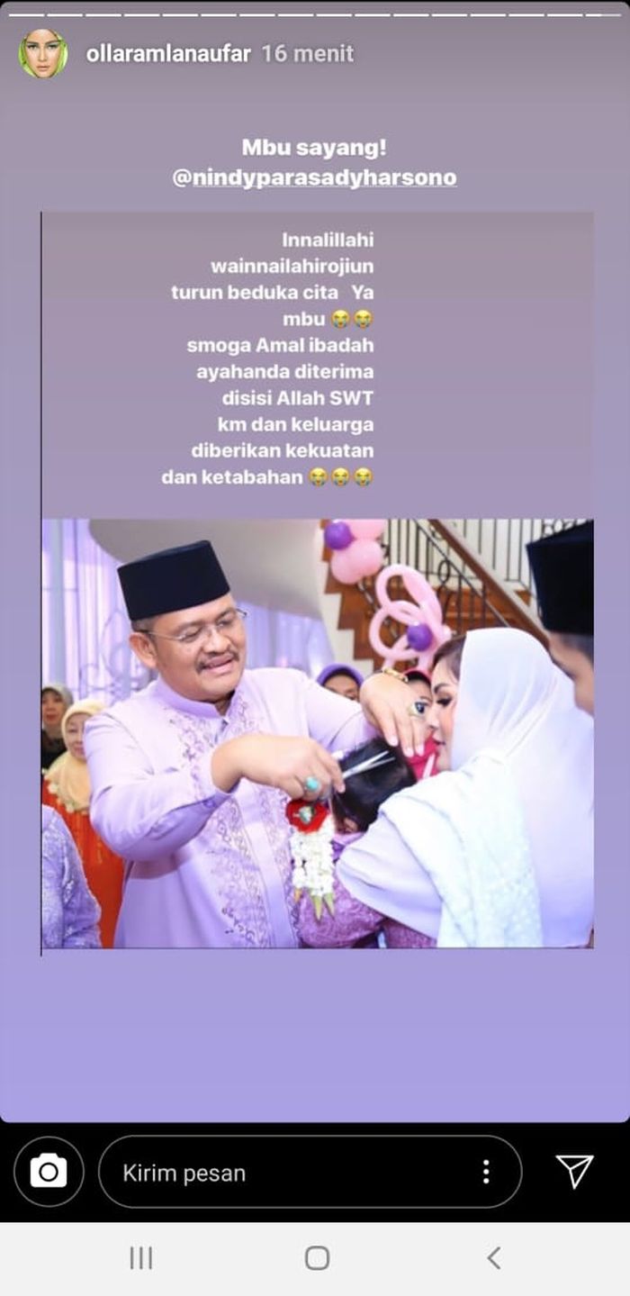 Ucapan dukacita Olla Ramlan atas meninggalnya ayahanda Nindy Ayunda.