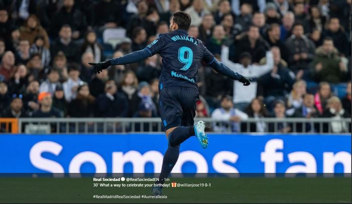 Selebrasi William Jose usai menjebol gawang Real Madrid si Stadion Santiago Bernabeu, Sabtu (23/11/2019) atau Minggu dini hari WIB.