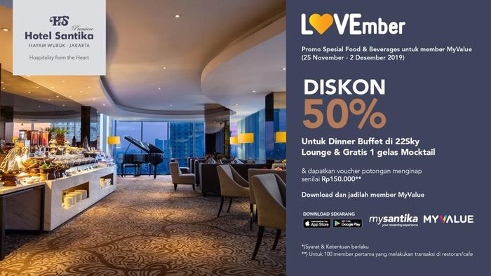 Salah satunya di 22sky lounge Hotel Santika Premiere Hayam Wuruk yang memberikan diskon 50 persen untuk dinner buffet dan gratis 1 mocktail. 