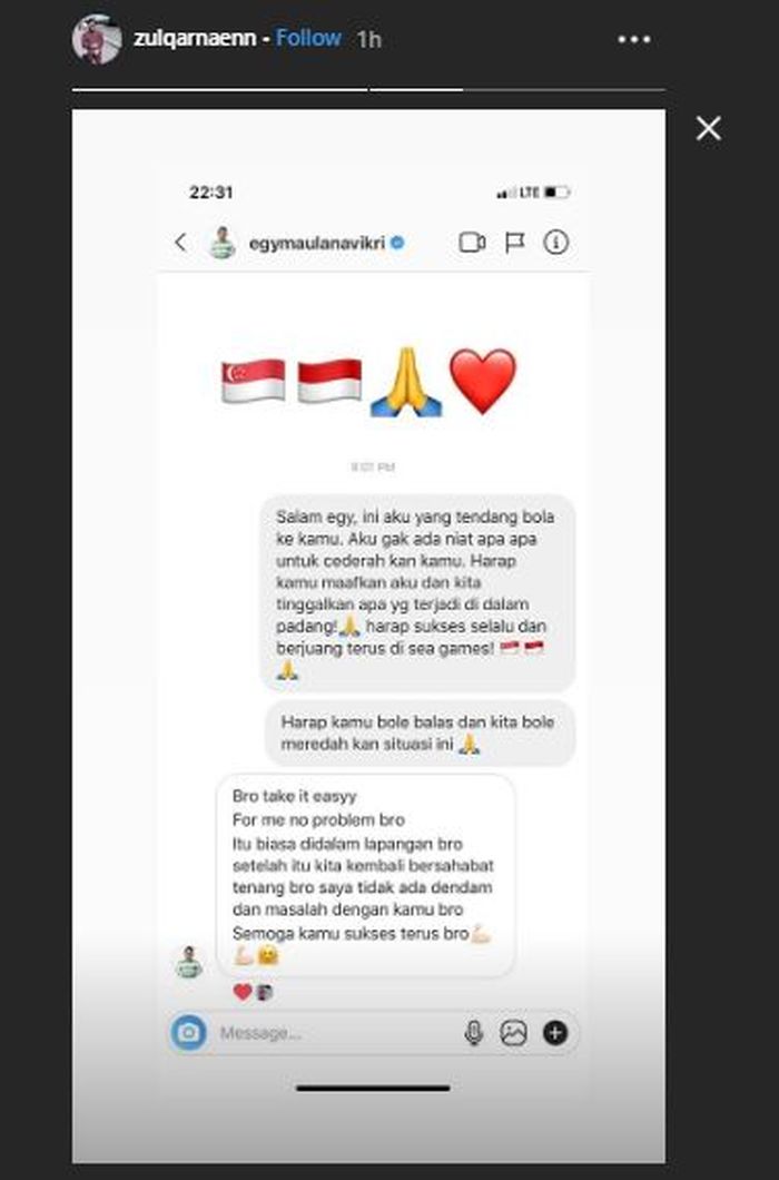  Pemain timnas U-22 Singapura, Muhammad Zulqarnaen meminta maaf atas aksinya yang menghajar kaki Egy Maulana Vikri pada laga melawan timnas U-22 Indonesia, pada laga kedua grup B cabor sepak bola putra SEA Games 2019 di Stadion Rizal Memorial, Manila, Kamis (28/11/2019).