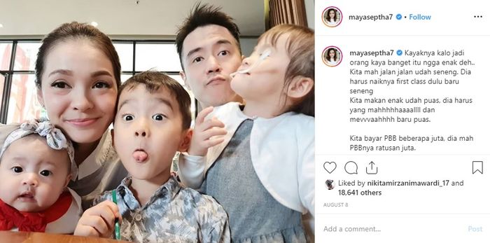 Caption yang ditulis Maya Septha tentang gak enaknya jadi orang kaya banget