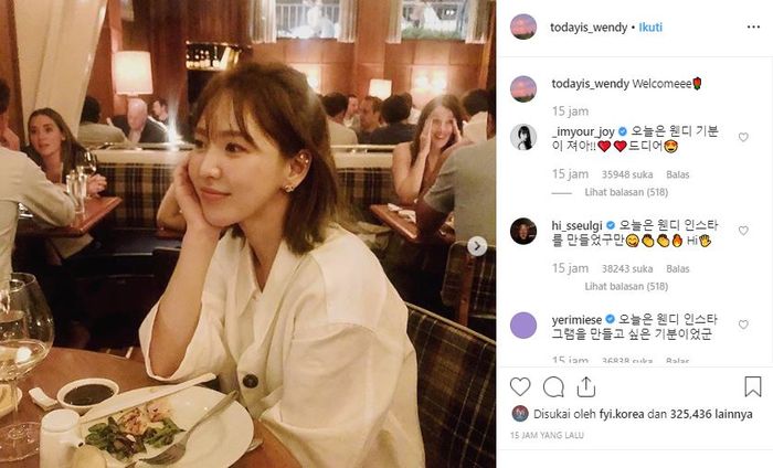 Unggahan peratama Wendy yang dikomentari anggota Red Velvet lainnya, 