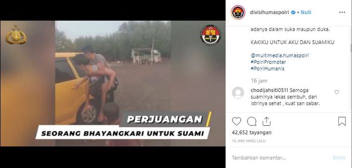 Istri polisi dengan sabar menggendong suaminya yang lumpuh.