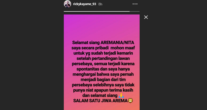 Instastory winger Arema FC, Ricky Kayame, pada 13 Desember 2019.