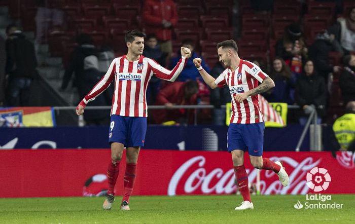 Selebrasi Alvaro Morata dan Saul Niguez usai mmebawa Atletico Madrid menang 2-0 atas Osasuna di Stadion Wanda Metropolitano, Sabtu (14/12/2019) atau Minggu dini hari WIB.