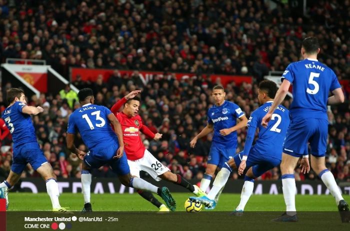 Proses terjadinya gol Mason Greenwood ke gawang Jordan Pickford pada laga Manchester United melawan Everton di Stadion Old Trafford, Minggu (15/12/2019).