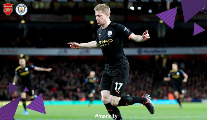 Selebrasi Kevin De Bruyne usai membobol gawang Arsenal untuk kedua kalinya pada laga di Stadion Emirates, Minggu (15/12/2019).