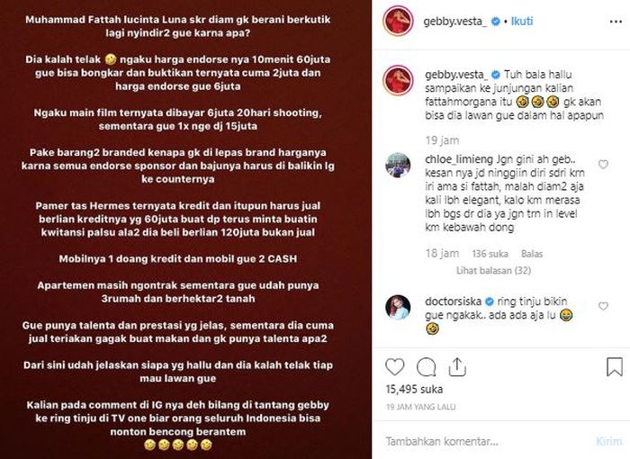 Gebby Vesta membongkar honor yang diterima Lucinta Luna