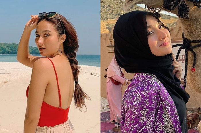 Penampilan Naomi Zaskia mantan pacar Sule saat tampil seksi kenkana bikini (kiri), dan penampilannya yang santun dlama balutan hijab saat umrah (kanan)